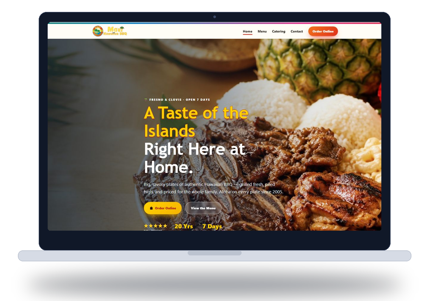 Maui Hawaiian BBQ website with online ordering shown on a laptop — built by Untamed Web Design