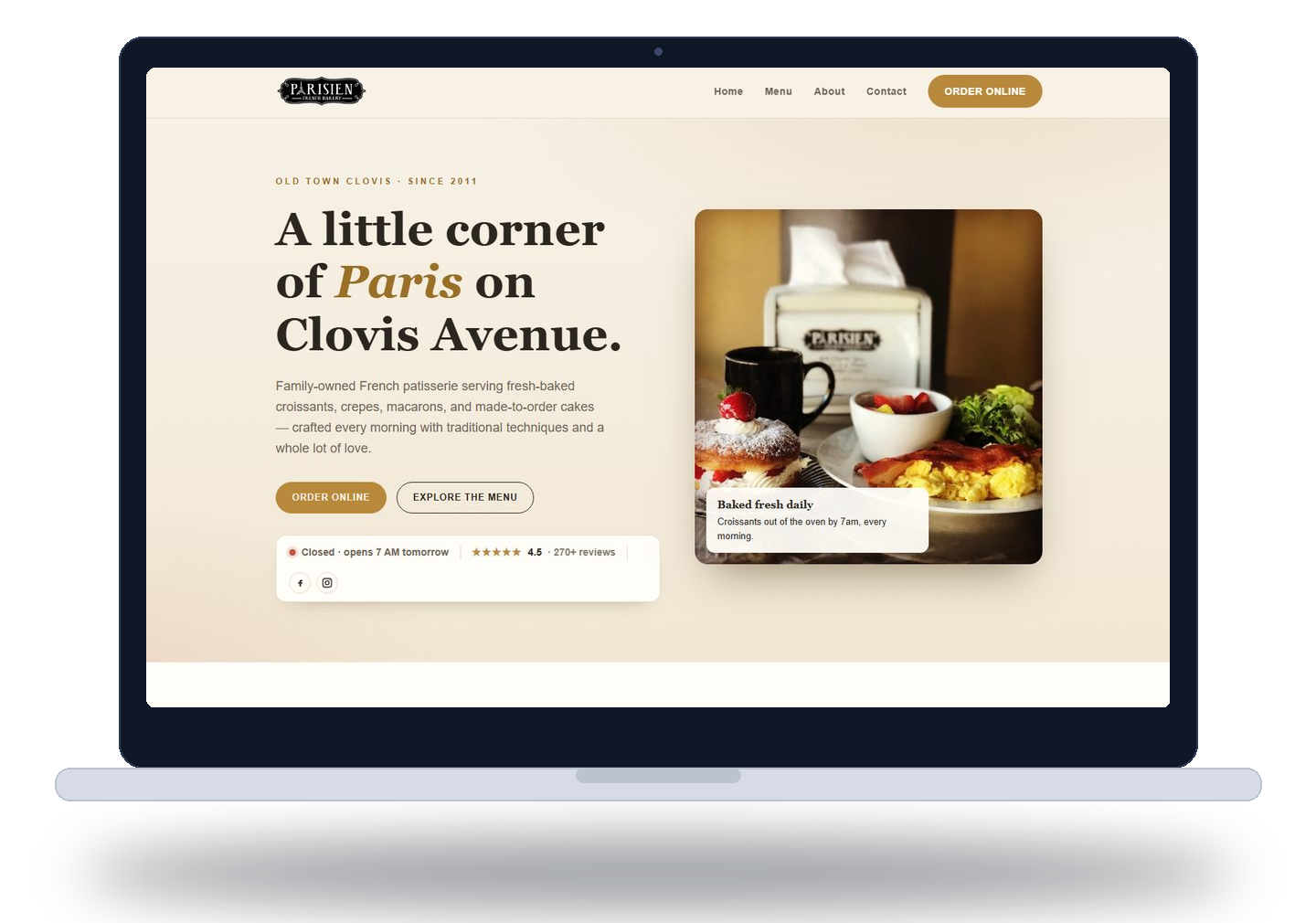 Parisien Bakery website shown on a laptop — designed by Untamed Web Design