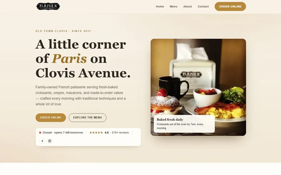 Website for Parisien Bakery